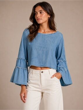 Zara Light Blue Chambray Bell-Sleeve Top